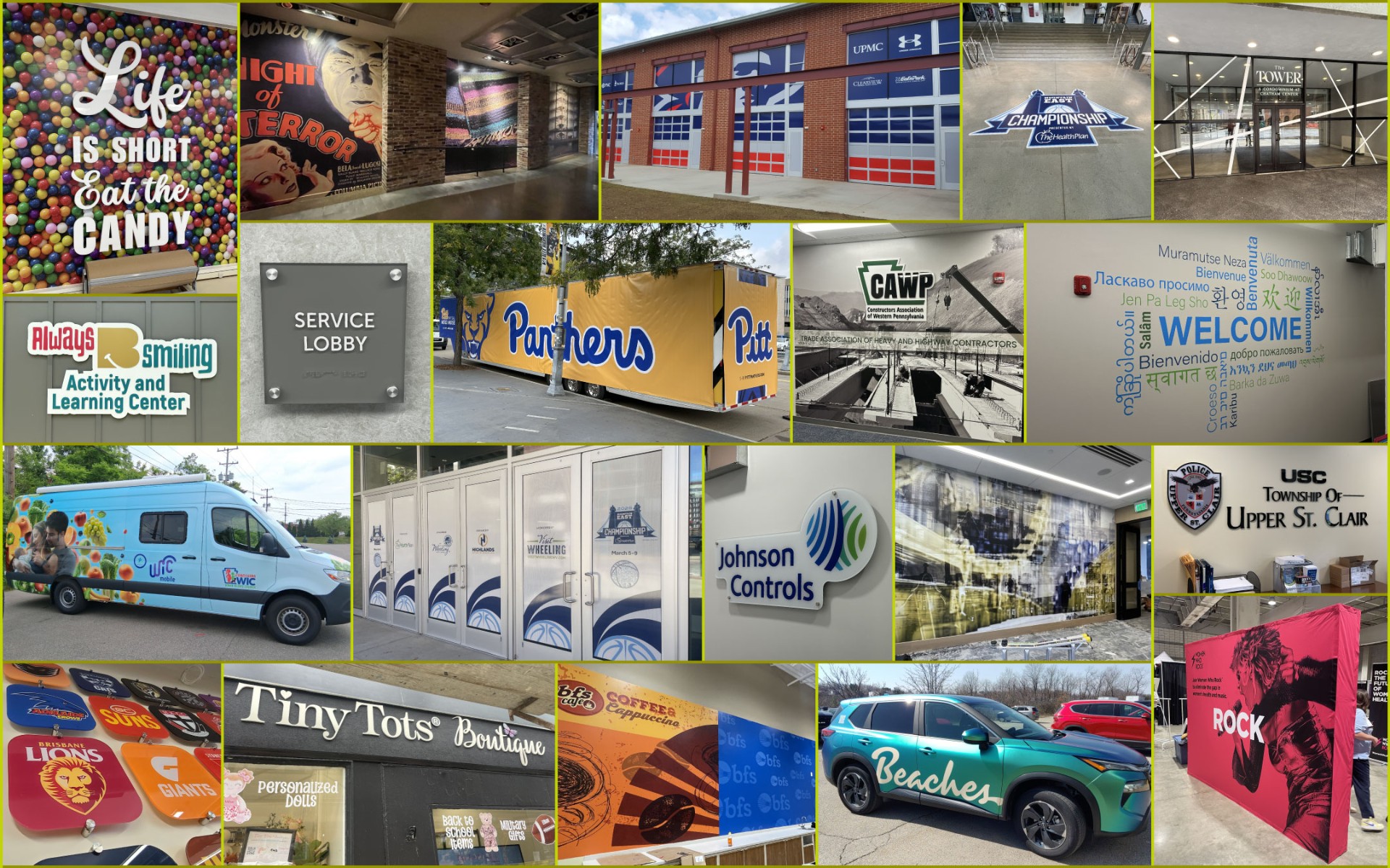 Printscape's diverse portfolio showcasing wall graphics, signage, vehicle wraps, and custom branding solutions